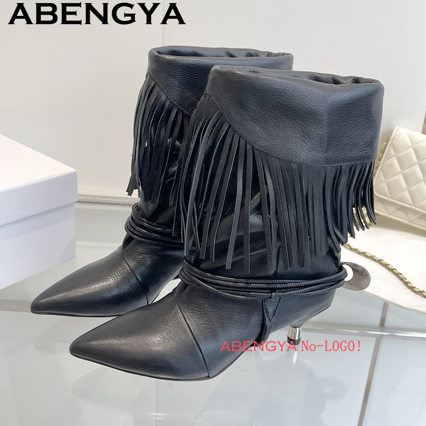 Ethnic Fashion Women - スエードレザーエッジタッセルデザインチェルシーブーツ女性ファッションウィークポインテッドトゥキトゥンヒールアンクルブーツ女性2026冬靴