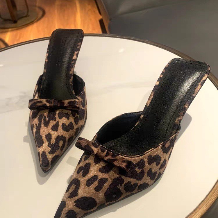 Ethnic Fashion Women - レディース レオパード柄 ポインテッドトゥ ハイヒールスリッパ おしゃれなリボン付きスティレットスリッパ エレガントなパーティードレスサンダル