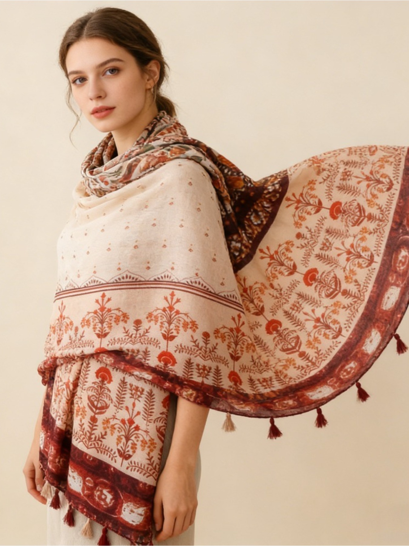 Go Ethnic Fashion - 1枚入り フレンチレトロプリント 雰囲気のあるキャラメルカラー スカーフ 花柄 薄手