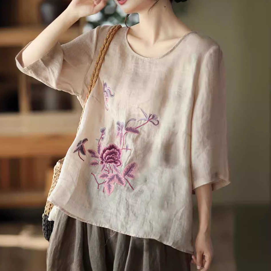 New Ethnic Fashion - プラスサイズの女性の夏のレトロなブラウス綿麻薄手のオフィスレディファッション新着トレンディで快適な