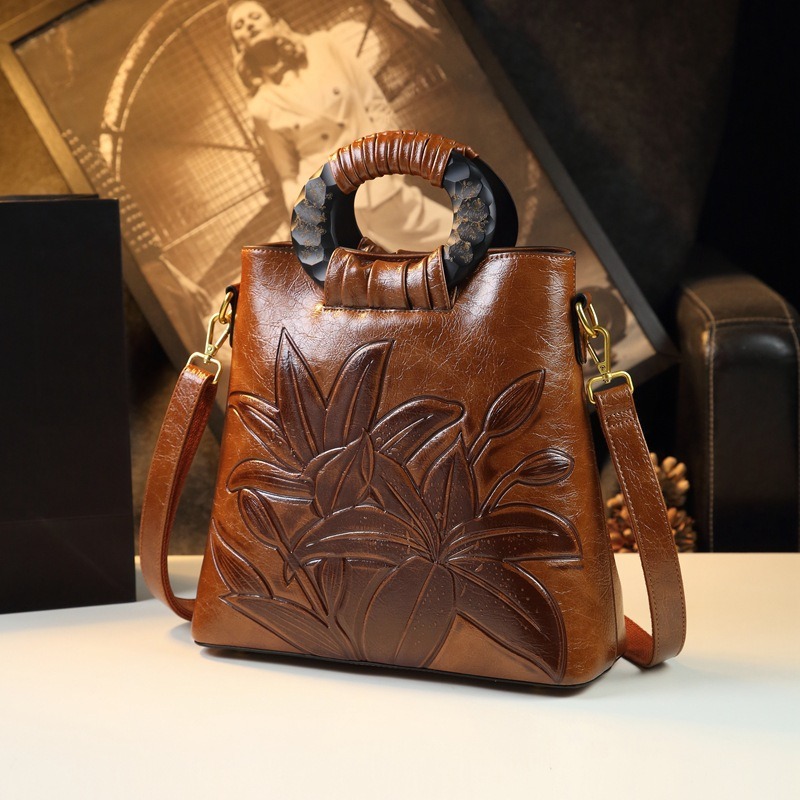 New Ethnic Fashion - ヴィンテージエスニックスタイルレザーレディースバッグ2026新作ソフトレザー中華風ハンドバッグバケットバッグ