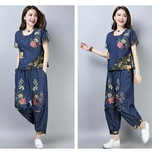 New Ethnic Fashion - エスニックスタイルプラスサイズレディーススーツ夏新作刺繍花柄ファッショントップスワイドレッグパンツ3点セットカジュアルウェア