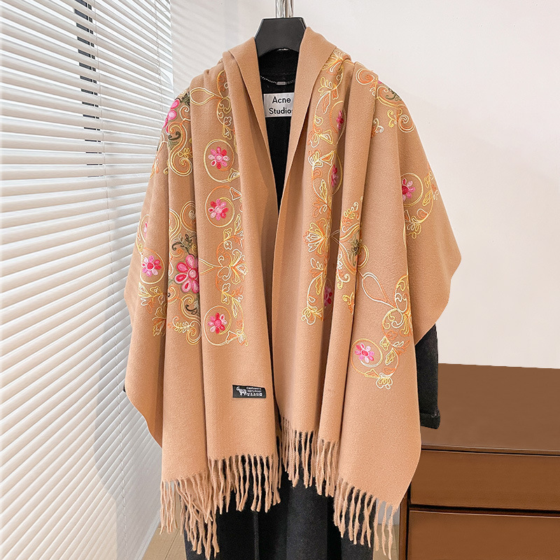 Go Ethnic Fashion - ヴィンテージエスニックスタイル刺繍入りクロークマフラー旅行用女性用タッセルスカーフ冬用暖かいパシュミナ屋外用ビッグケープブランケット