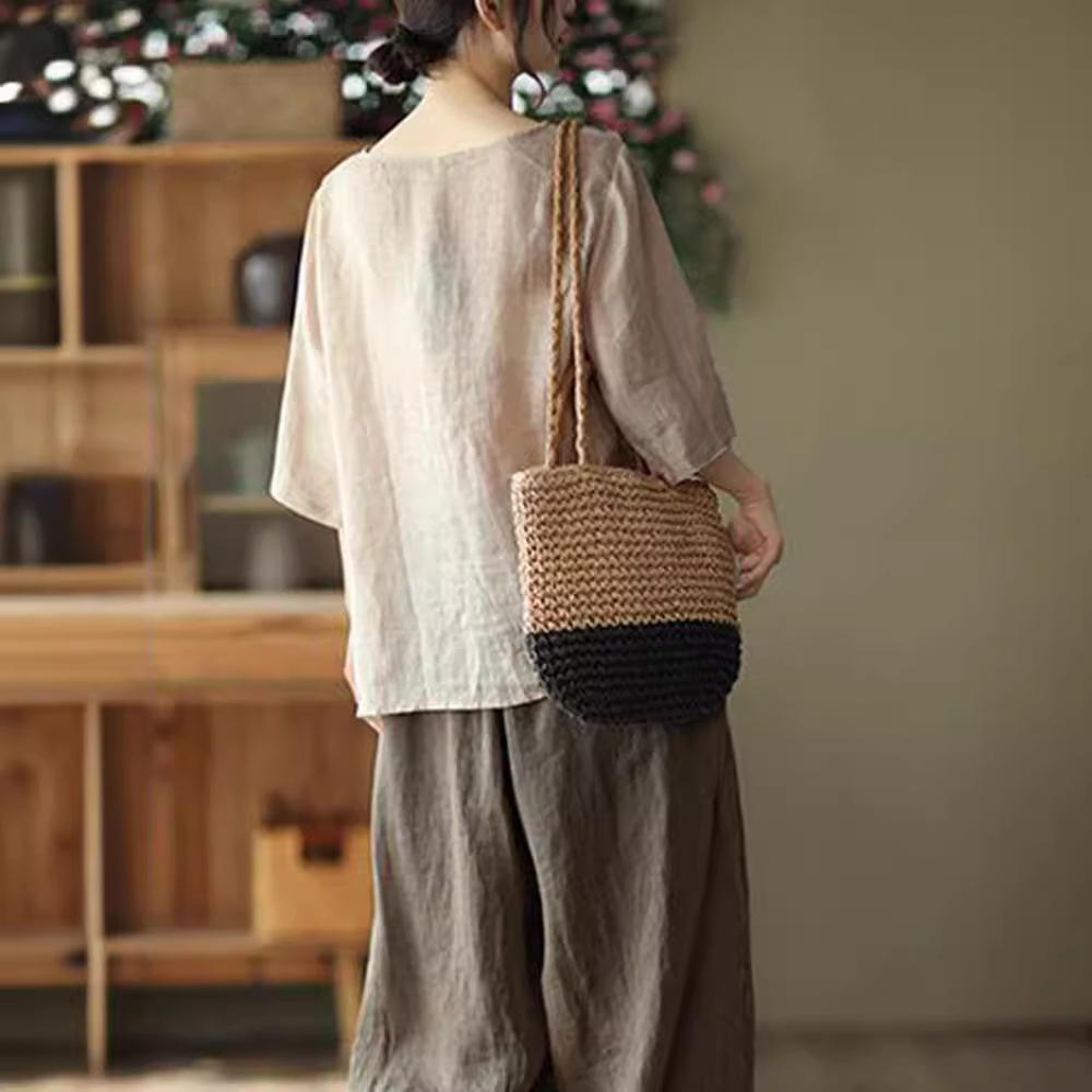 プラスサイズの女性の夏のレトロなブラウス綿麻薄手のオフィスレ - New Ethnic Fashion のレビューと価格